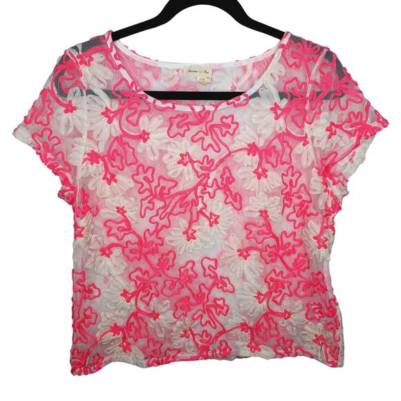 Anthropologie Meadow Rue Top Cherry Blossom Mesh Sheer Medium Barbie Core Pink - Picture 1 of 9